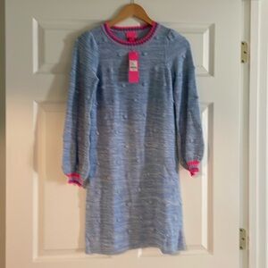 New knit blue dress with pink and purple trim at neck and cuffs